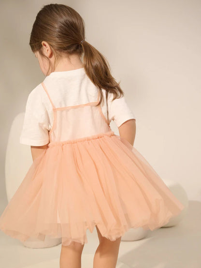 |Girl| Conjunto De Vestido e Camiseta De Malha Rosa Pêssego De Manga Curta (3 meses a 7 anos)