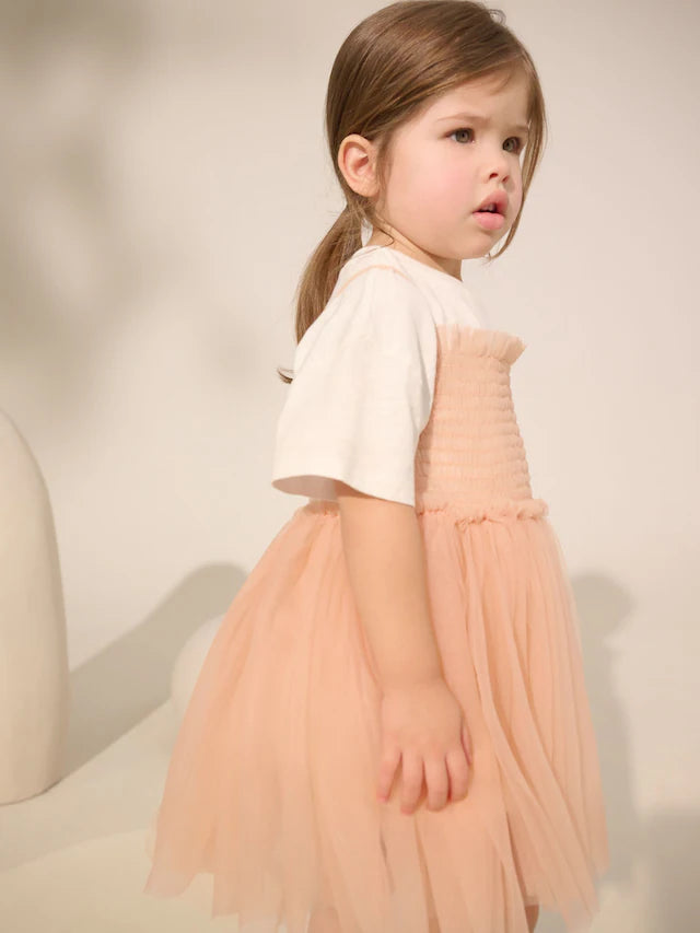 |Girl| Conjunto De Vestido e Camiseta De Malha Rosa Pêssego De Manga Curta (3 meses a 7 anos)