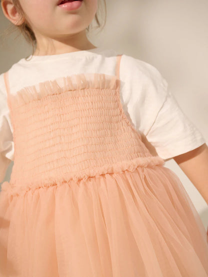 |Girl| Conjunto De Vestido e Camiseta De Malha Rosa Pêssego De Manga Curta (3 meses a 7 anos)