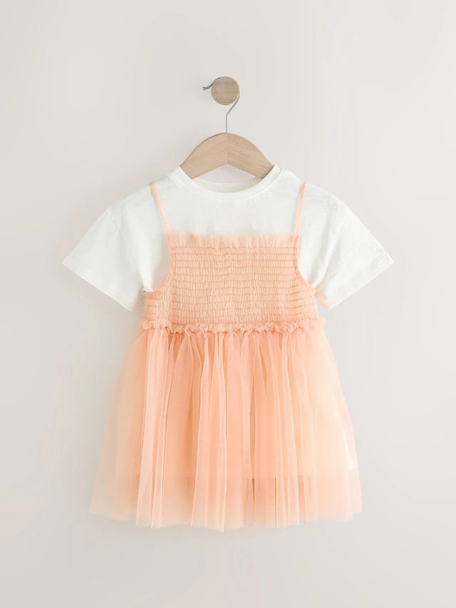 |Girl| Conjunto De Vestido e Camiseta De Malha Rosa Pêssego De Manga Curta (3 meses a 7 anos)