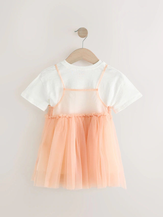 |Girl| Conjunto De Vestido e Camiseta De Malha Rosa Pêssego De Manga Curta (3 meses a 7 anos)