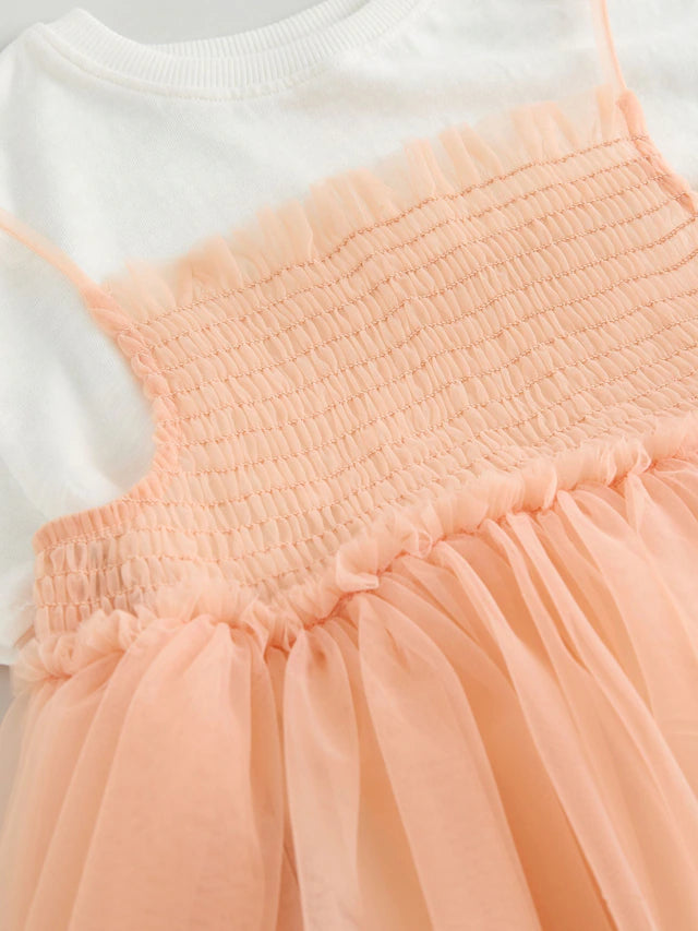 |Girl| Conjunto De Vestido e Camiseta De Malha Rosa Pêssego De Manga Curta (3 meses a 7 anos)