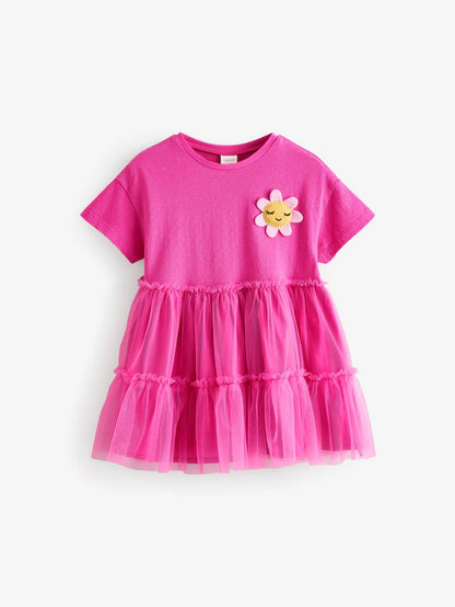 |Girl| Vestido De Malha De Manga Curta Rosa Brilhante (3 meses a 7 anos)