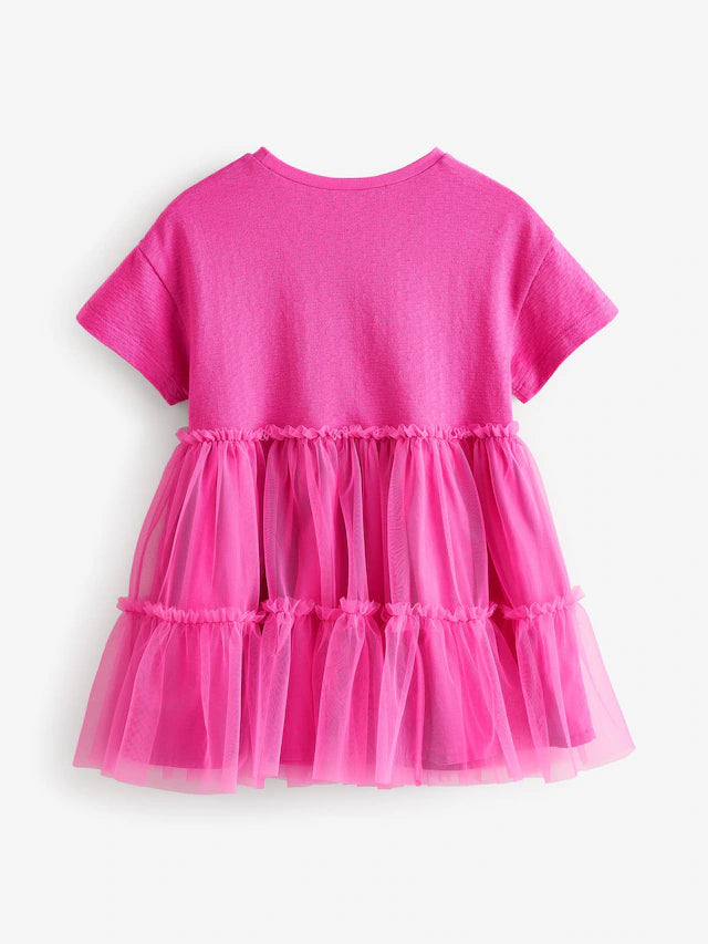 |Girl| Vestido De Malha De Manga Curta Rosa Brilhante (3 meses a 7 anos)