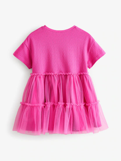 |Girl| Vestido De Malha De Manga Curta Rosa Brilhante (3 meses a 7 anos)