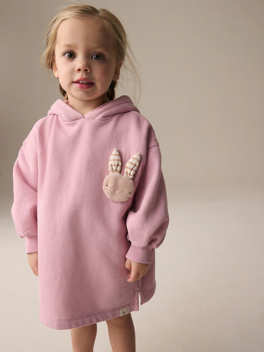 |Girl| Vestido De Moletom Com Capuz e Manga Comprida Pink Bunny (3 meses a 7 anos)