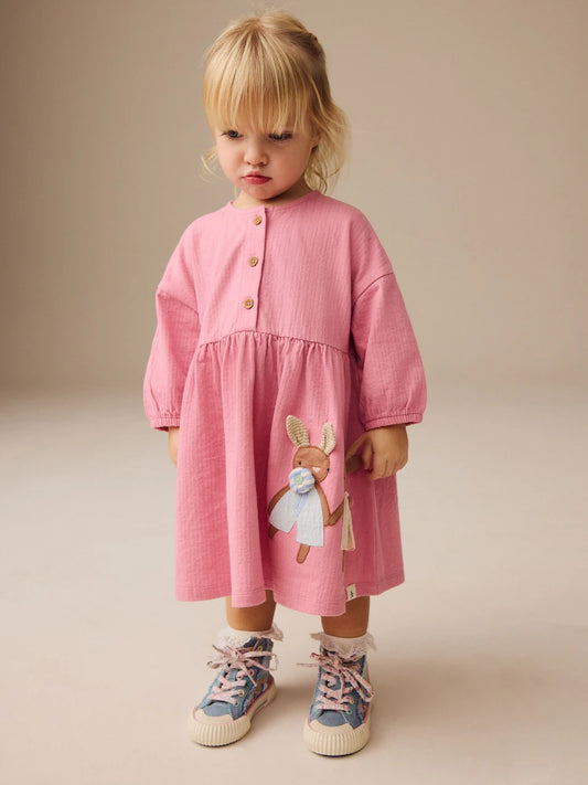 |Girl| Vestido De Malha De Manga Comprida Bunny Pink 100% Algodão (3 meses a 7 anos)