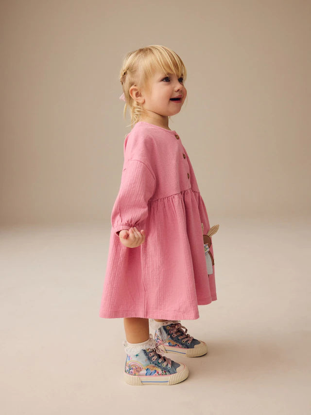 |Girl| Vestido De Malha De Manga Comprida Bunny Pink 100% Algodão (3 meses a 7 anos)