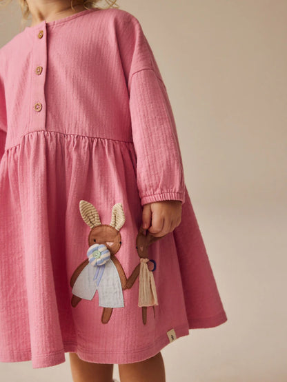 |Girl| Vestido De Malha De Manga Comprida Bunny Pink 100% Algodão (3 meses a 7 anos)