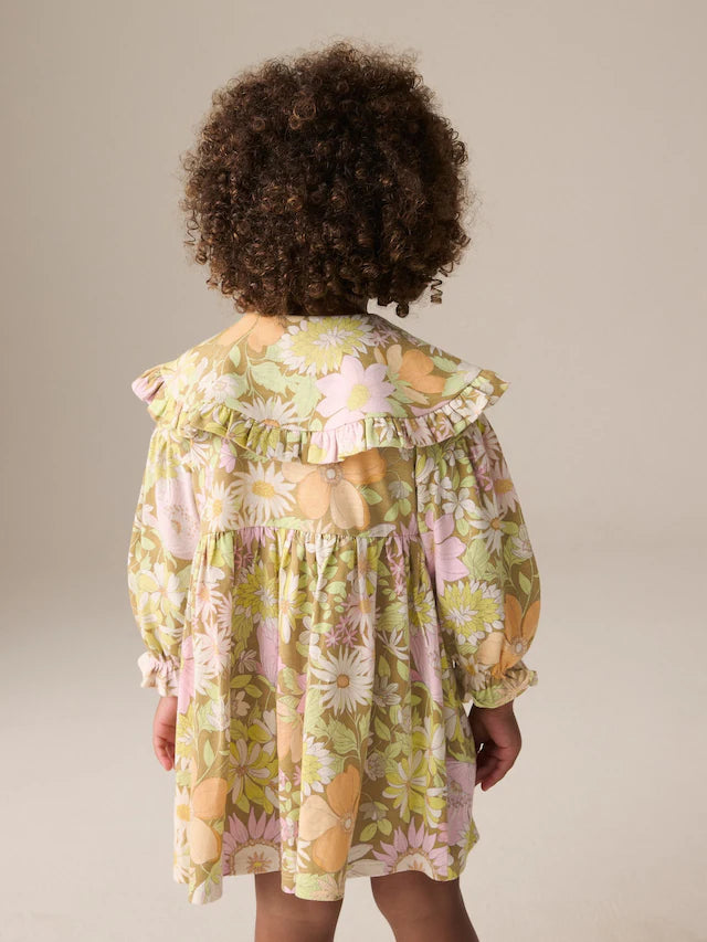 |Girl| Vestido Floral Verde Manga Longa Gola 100% Algodão (3 meses a 7 anos)