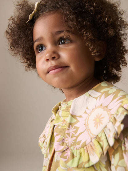 |Girl| Vestido Floral Verde Manga Longa Gola 100% Algodão (3 meses a 7 anos)