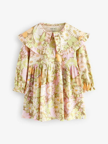 |Girl| Vestido Floral Verde Manga Longa Gola 100% Algodão (3 meses a 7 anos)