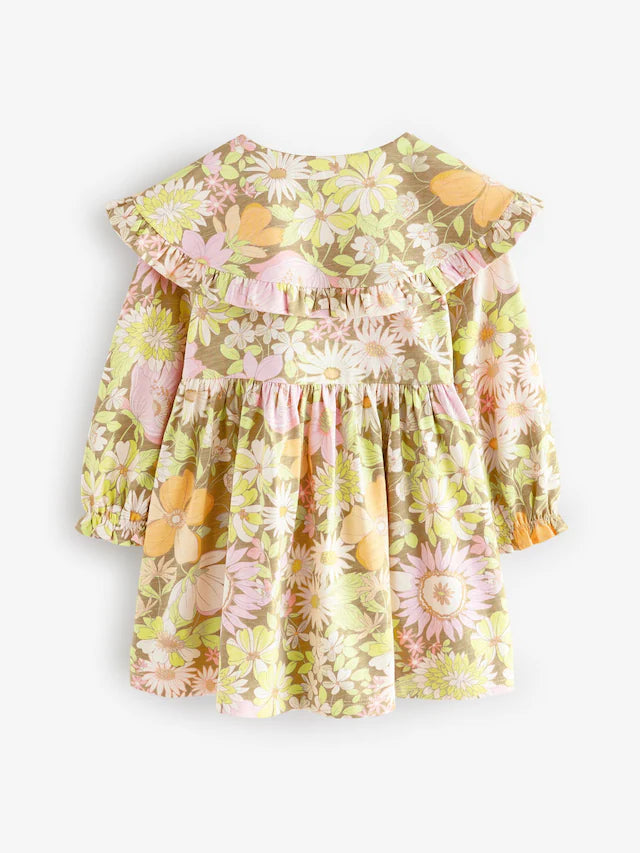 |Girl| Vestido Floral Verde Manga Longa Gola 100% Algodão (3 meses a 7 anos)
