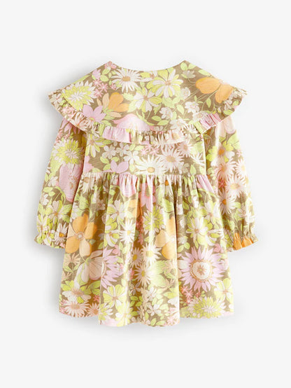|Girl| Vestido Floral Verde Manga Longa Gola 100% Algodão (3 meses a 7 anos)