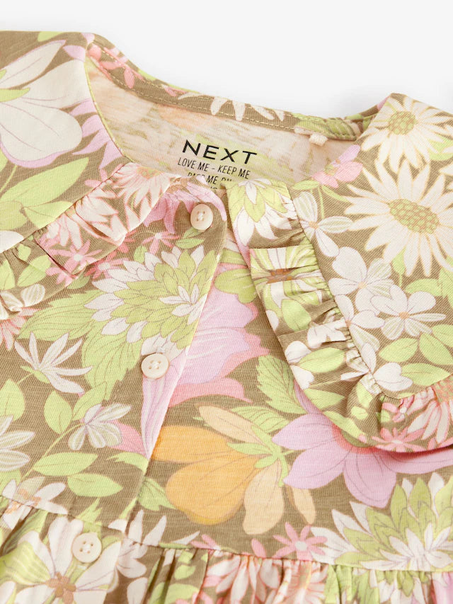 |Girl| Vestido Floral Verde Manga Longa Gola 100% Algodão (3 meses a 7 anos)