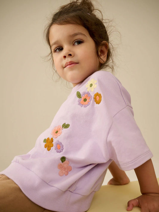 |Girl| Conjunto De Moletom e Shorts Lilás Roxo Manga Curta 100% Algodão (3 meses a 7 anos)