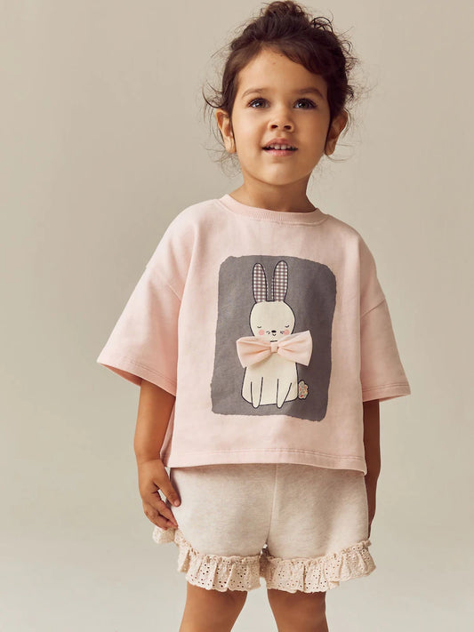 |Girl| Conjunto De Top e Shorts Pink Bunny 100% Algodão (3 meses a 7 anos)