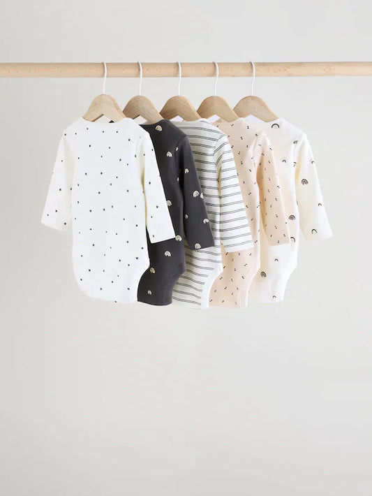 |BabyBoy| Body Preto e Branco Para Bebê, Manga Longa, 100% Algodão, Pacote Com 5 Unidades