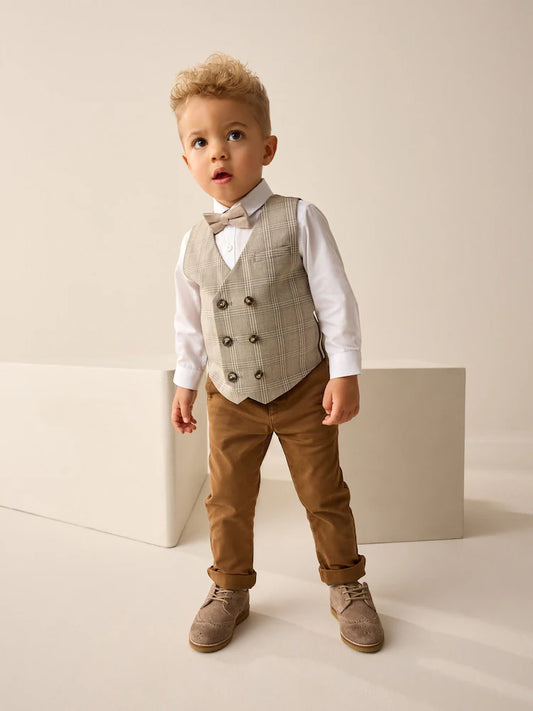 |Boy| Conjunto De Colete Xadrez Neutro Com Camisa e Gravata Borboleta (3 meses a 7 anos)