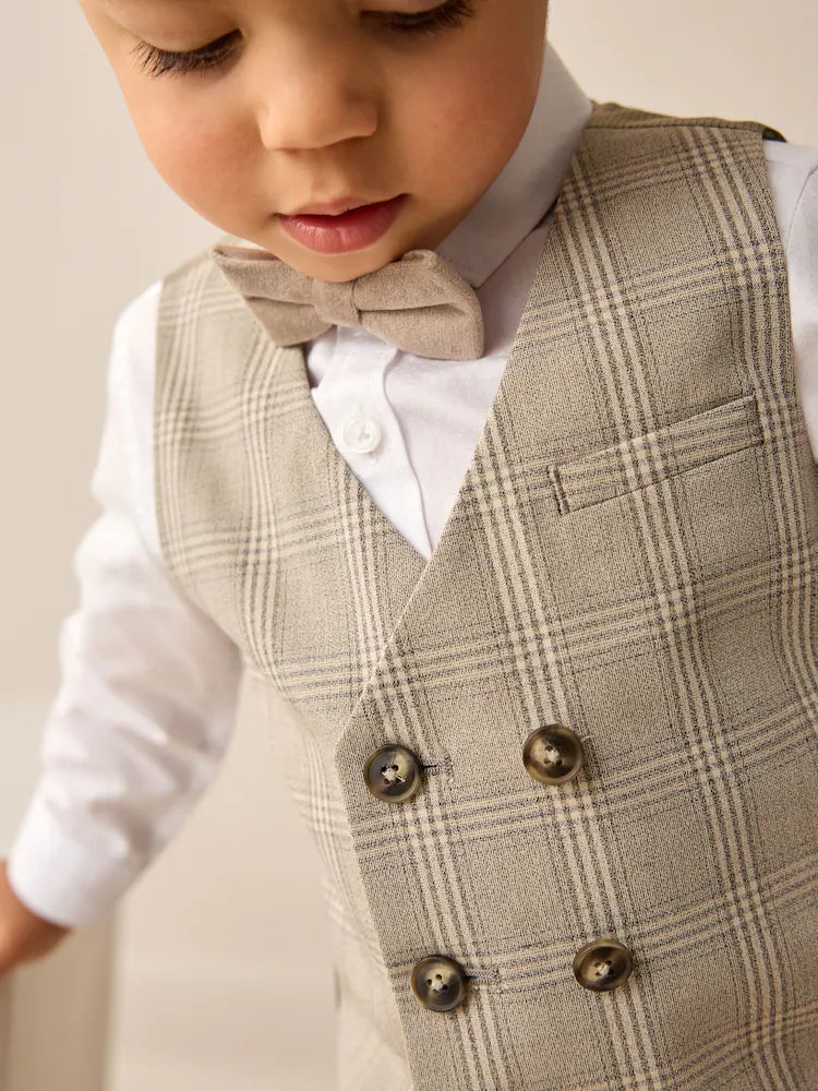 |Boy| Conjunto De Colete Xadrez Neutro Com Camisa e Gravata Borboleta (3 meses a 7 anos)
