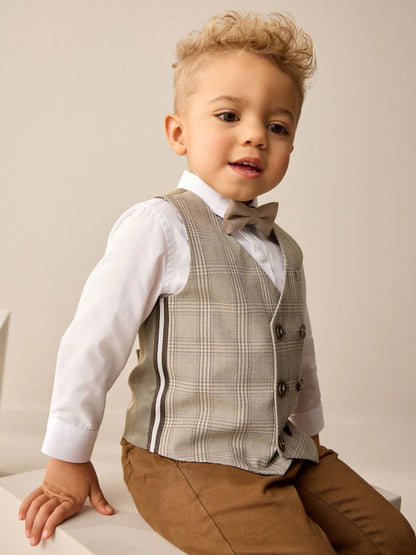 |Boy| Conjunto De Colete Xadrez Neutro Com Camisa e Gravata Borboleta (3 meses a 7 anos)