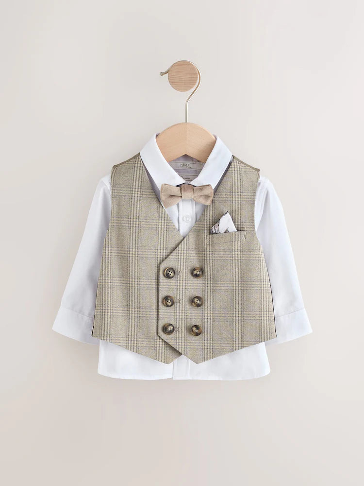 |Boy| Conjunto De Colete Xadrez Neutro Com Camisa e Gravata Borboleta (3 meses a 7 anos)