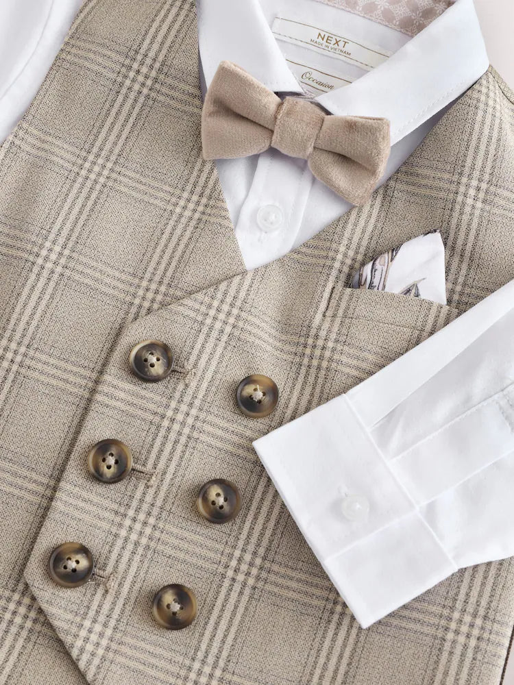 |Boy| Conjunto De Colete Xadrez Neutro Com Camisa e Gravata Borboleta (3 meses a 7 anos)