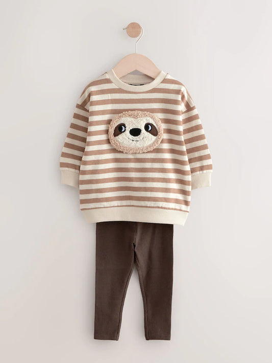 |Boy| Conjunto De Moletom e Leggings Em Jersey Listrado Marrom e Branco (3 meses a 7 anos)