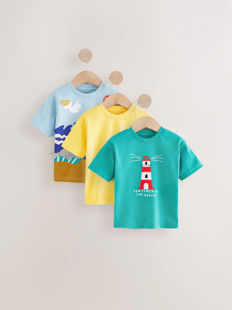 |Boy| Camisetas De Manga Curta Azul/Amarelo Seaside 100% Algodão, Pacote Com 3 (3 meses a 7 anos)
