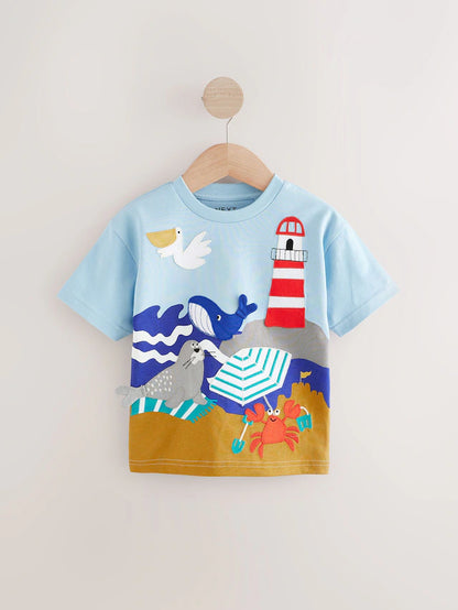 |Boy| Camisetas De Manga Curta Azul/Amarelo Seaside 100% Algodão, Pacote Com 3 (3 meses a 7 anos)