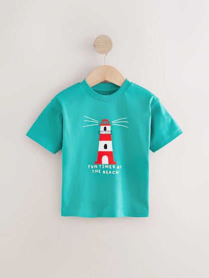 |Boy| Camisetas De Manga Curta Azul/Amarelo Seaside 100% Algodão, Pacote Com 3 (3 meses a 7 anos)