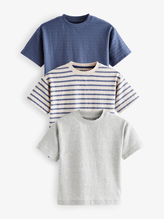 |Boy| Camisetas Texturizadas De Manga Curta Azul/Cinza 100% Algodão, Pacote Com 3 (3 meses a 7 anos)