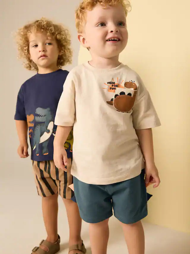|Boy| Conjunto De Camiseta e Shorts De Manga Curta Azul Marinho/Pedra, Pacote com 2 (3 meses a 7 anos)