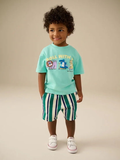 |Boy| Conjunto De Camiseta De Manga Curta Verde Menta e Shorts Estampados (3 meses a 7 anos)