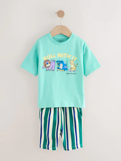 |Boy| Conjunto De Camiseta De Manga Curta Verde Menta e Shorts Estampados (3 meses a 7 anos)