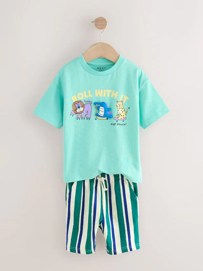 |Boy| Conjunto De Camiseta De Manga Curta Verde Menta e Shorts Estampados (3 meses a 7 anos)