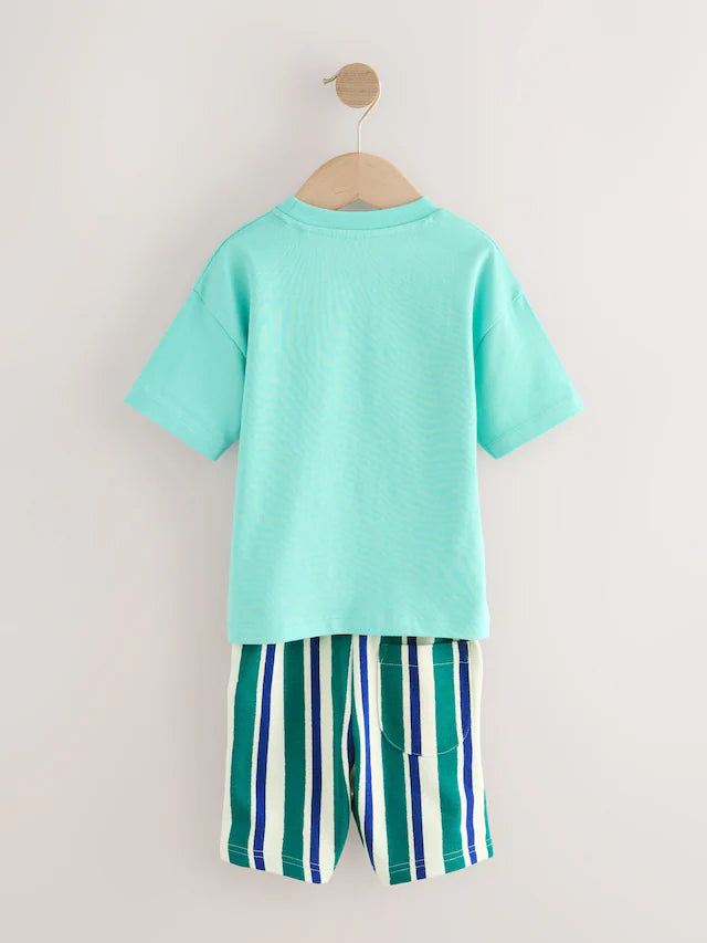 |Boy| Conjunto De Camiseta De Manga Curta Verde Menta e Shorts Estampados (3 meses a 7 anos)