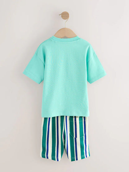 |Boy| Conjunto De Camiseta De Manga Curta Verde Menta e Shorts Estampados (3 meses a 7 anos)