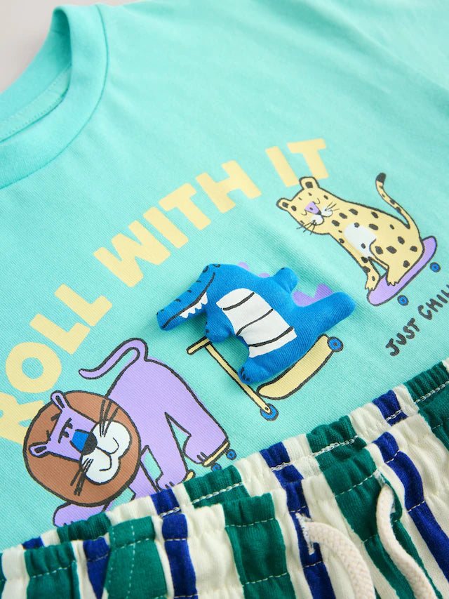 |Boy| Conjunto De Camiseta De Manga Curta Verde Menta e Shorts Estampados (3 meses a 7 anos)