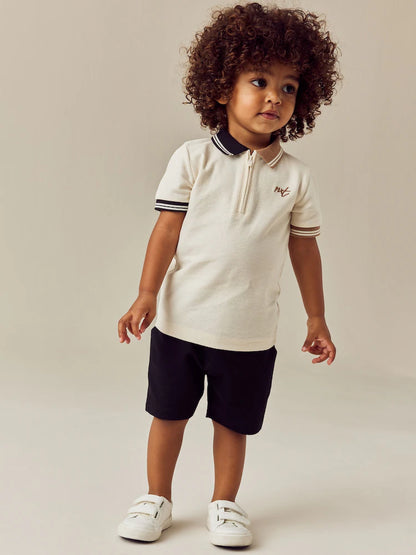 |Boy| Conjunto De Polo e Shorts Marrom Bege, Manga Curta, Gola Com Zíper (3 meses a 7 anos)