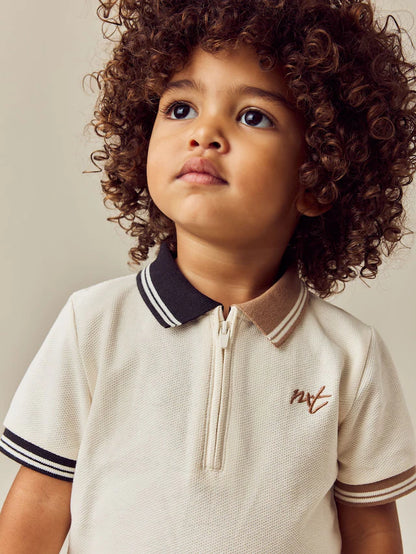 |Boy| Conjunto De Polo e Shorts Marrom Bege, Manga Curta, Gola Com Zíper (3 meses a 7 anos)