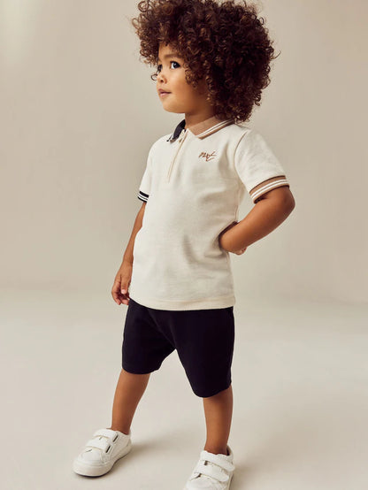 |Boy| Conjunto De Polo e Shorts Marrom Bege, Manga Curta, Gola Com Zíper (3 meses a 7 anos)