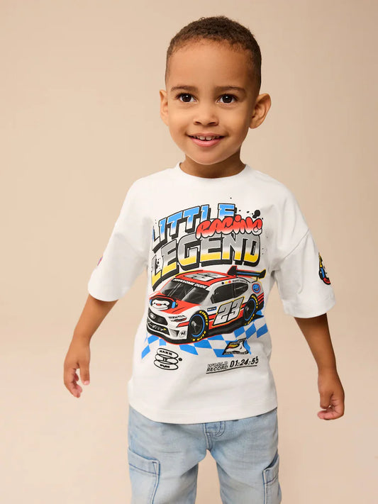 |Boy| Camiseta De Transporte De Manga Curta 100% Algodão Racecar Branca (3 meses a 7 anos)