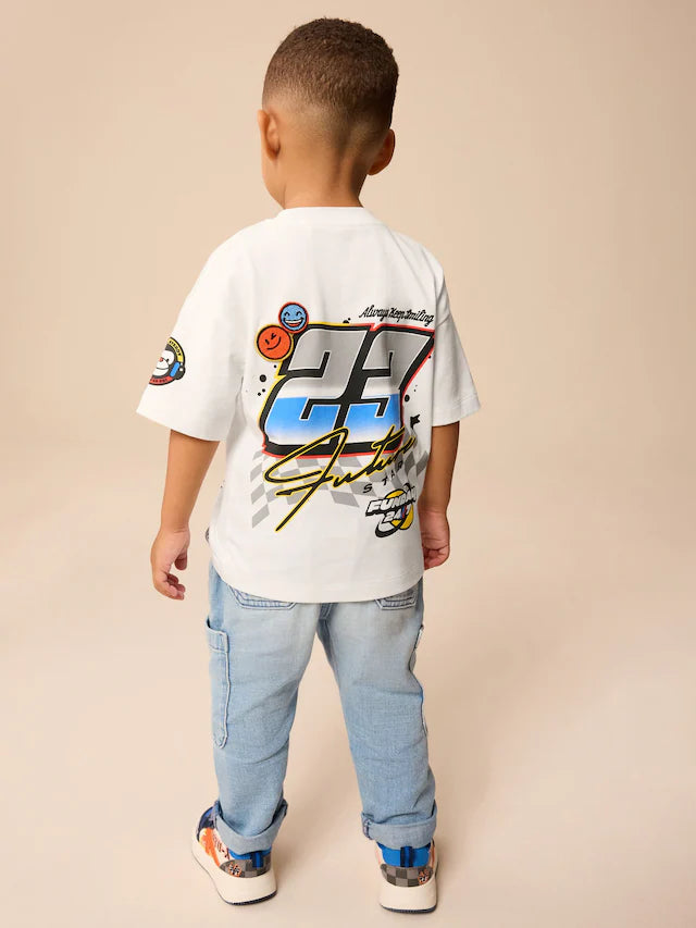 |Boy| Camiseta De Transporte De Manga Curta 100% Algodão Racecar Branca (3 meses a 7 anos)