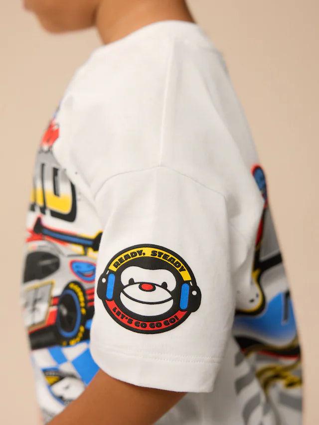 |Boy| Camiseta De Transporte De Manga Curta 100% Algodão Racecar Branca (3 meses a 7 anos)