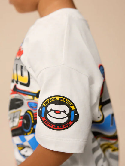 |Boy| Camiseta De Transporte De Manga Curta 100% Algodão Racecar Branca (3 meses a 7 anos)