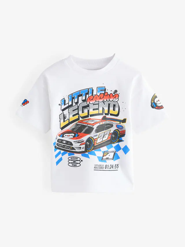 |Boy| Camiseta De Transporte De Manga Curta 100% Algodão Racecar Branca (3 meses a 7 anos)