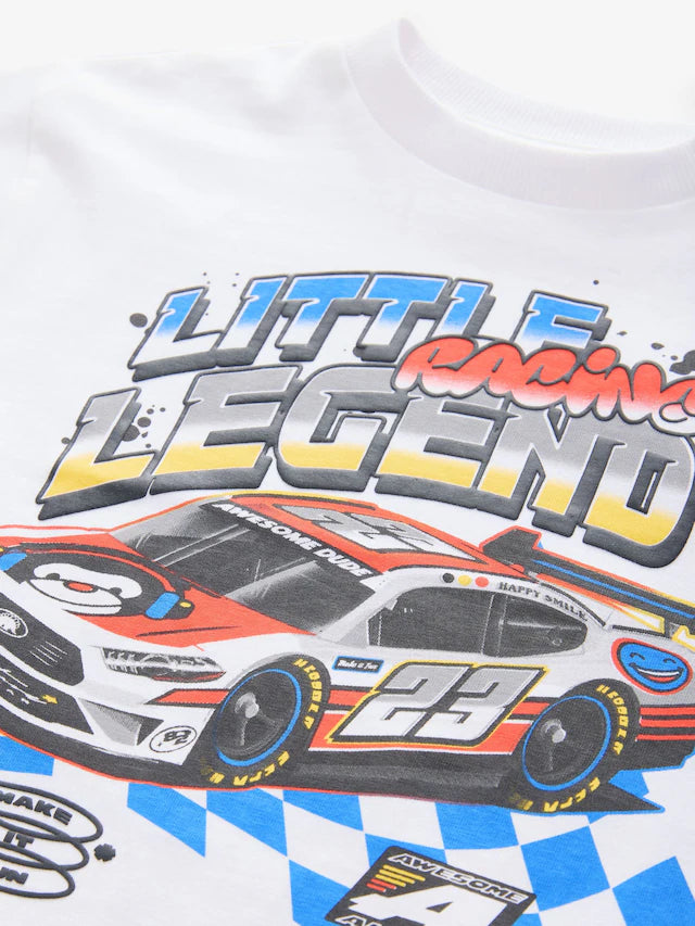 |Boy| Camiseta De Transporte De Manga Curta 100% Algodão Racecar Branca (3 meses a 7 anos)