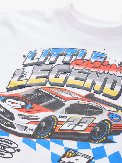 |Boy| Camiseta De Transporte De Manga Curta 100% Algodão Racecar Branca (3 meses a 7 anos)