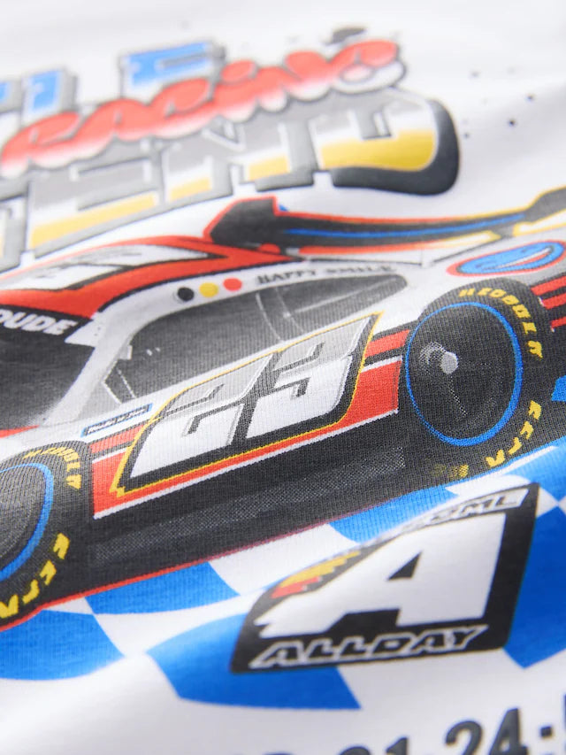 |Boy| Camiseta De Transporte De Manga Curta 100% Algodão Racecar Branca (3 meses a 7 anos)